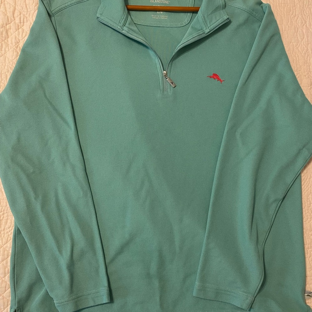 Tommy Bahama Mint Green Quarter-Zip Sweater with Pink Dolphin Logo